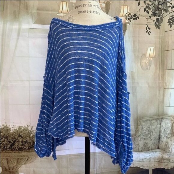 FREE PEOPLE Blue Striped Blouse T-Shirt SMALL - Picture 1 of 7